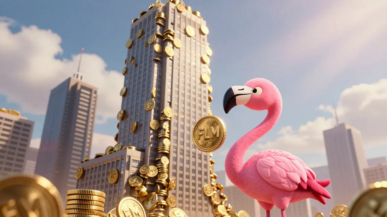 Small flamingo holding a token next to a giant tower of competitor coins.