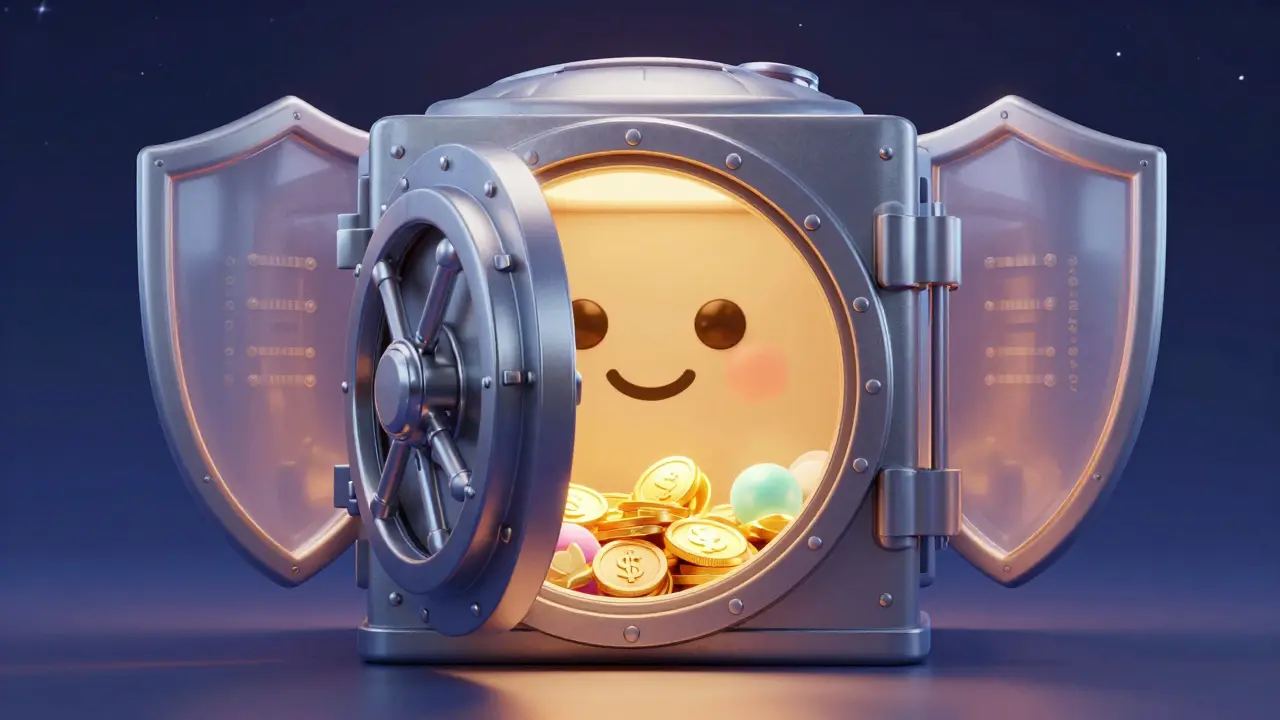 Smiling secure vault protecting digital assets and tokens