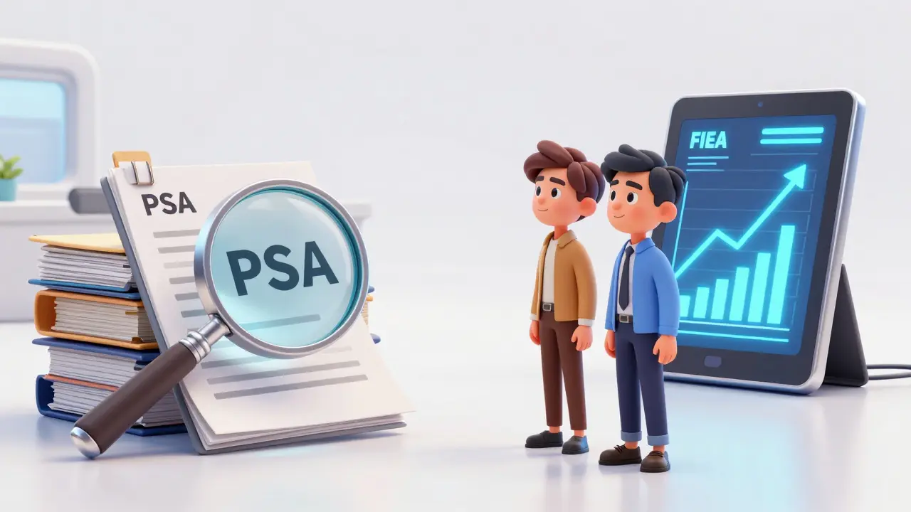Stylized characters viewing the transition from PSA to FIEA regulations in a bright office