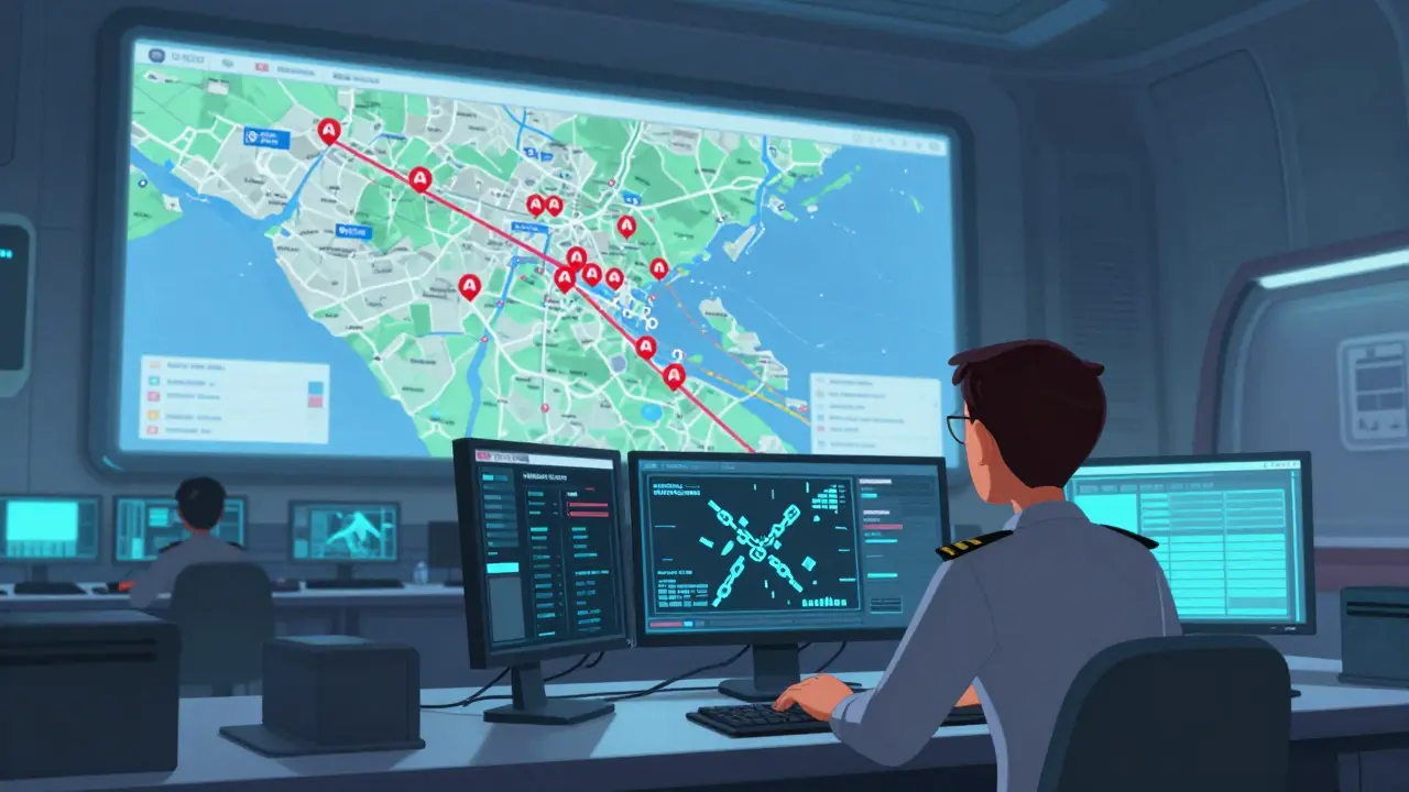 Surveillance room monitoring crypto blocks and VPN usage