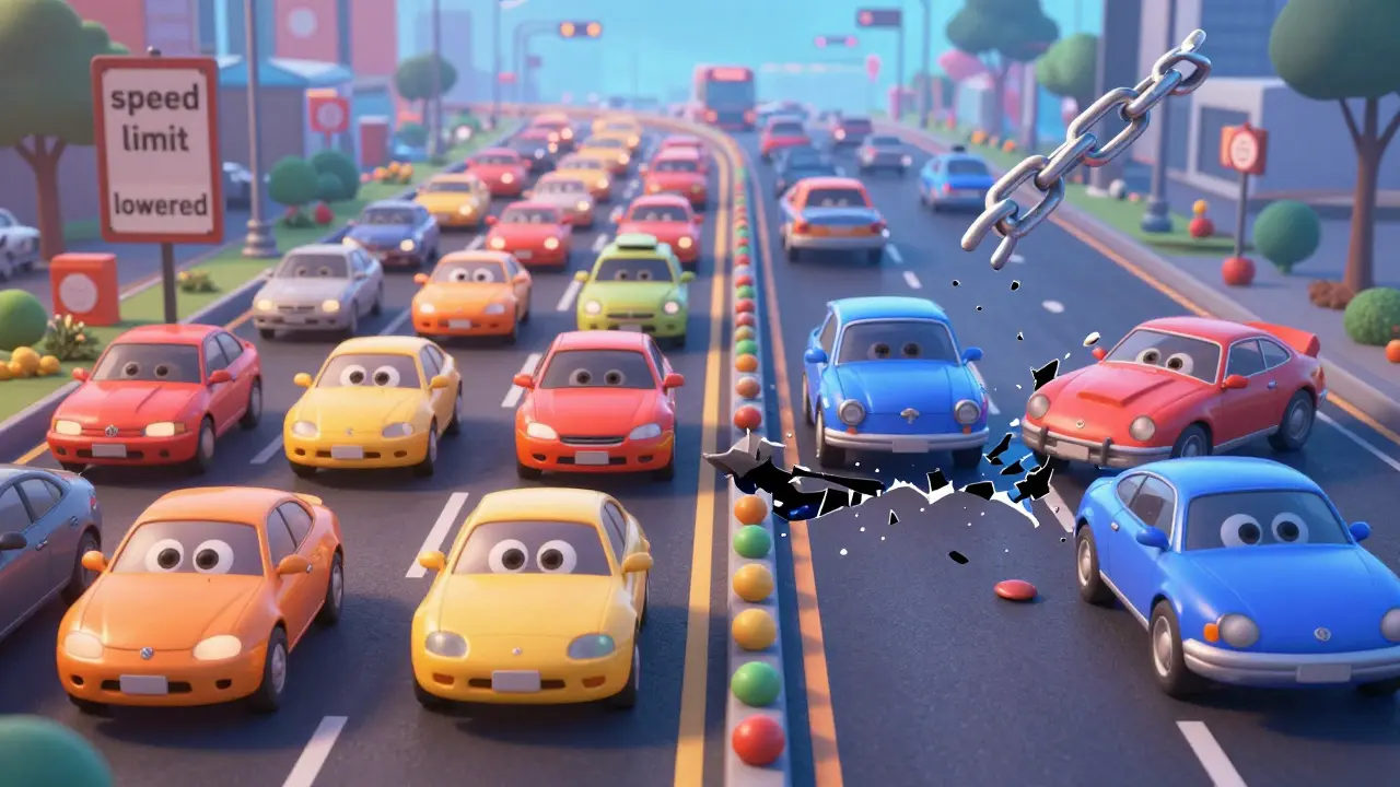 Traffic analogy showing smooth soft fork merge versus chaotic hard fork crash.