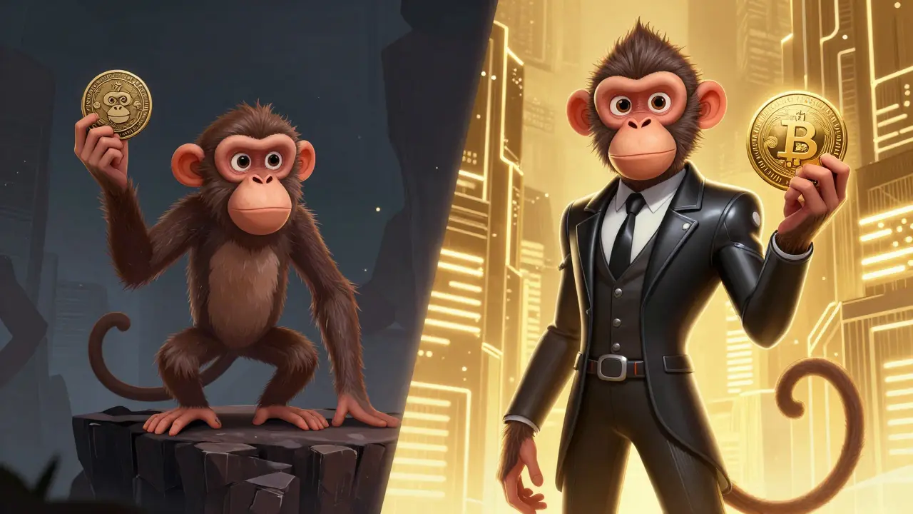 Two cartoon monkeys contrasting an old rugged token holder with a new corporate-backed one.