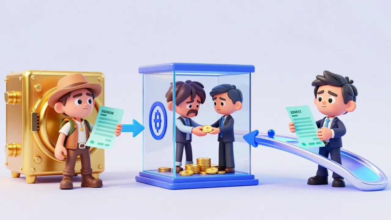 Visual metaphor comparing direct wallets, custodial exchanges, and non-custodial gateways.
