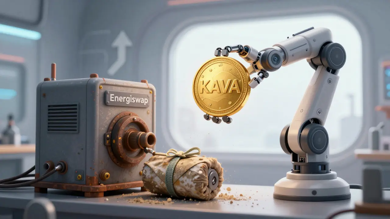 A modern robot holds a native KAVA token while an old machine struggles with an obsolete wrapped version.