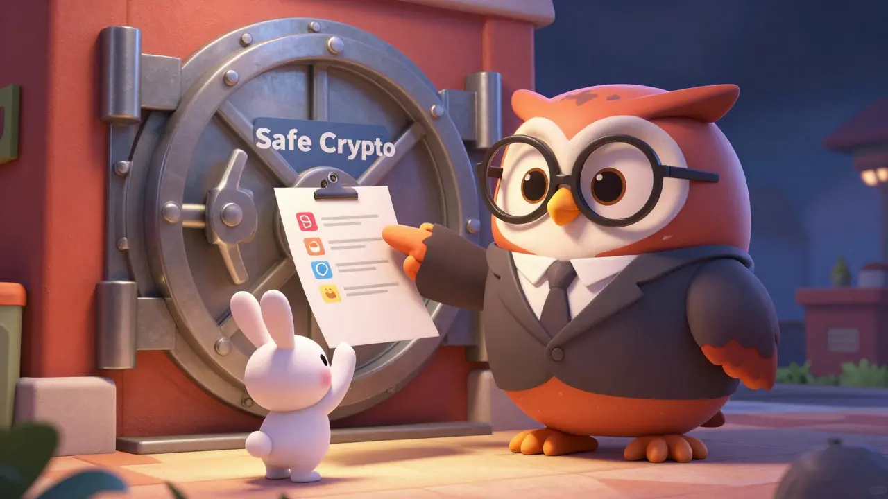 A wise owl teaching a rabbit about safe crypto investments near a secure vault.