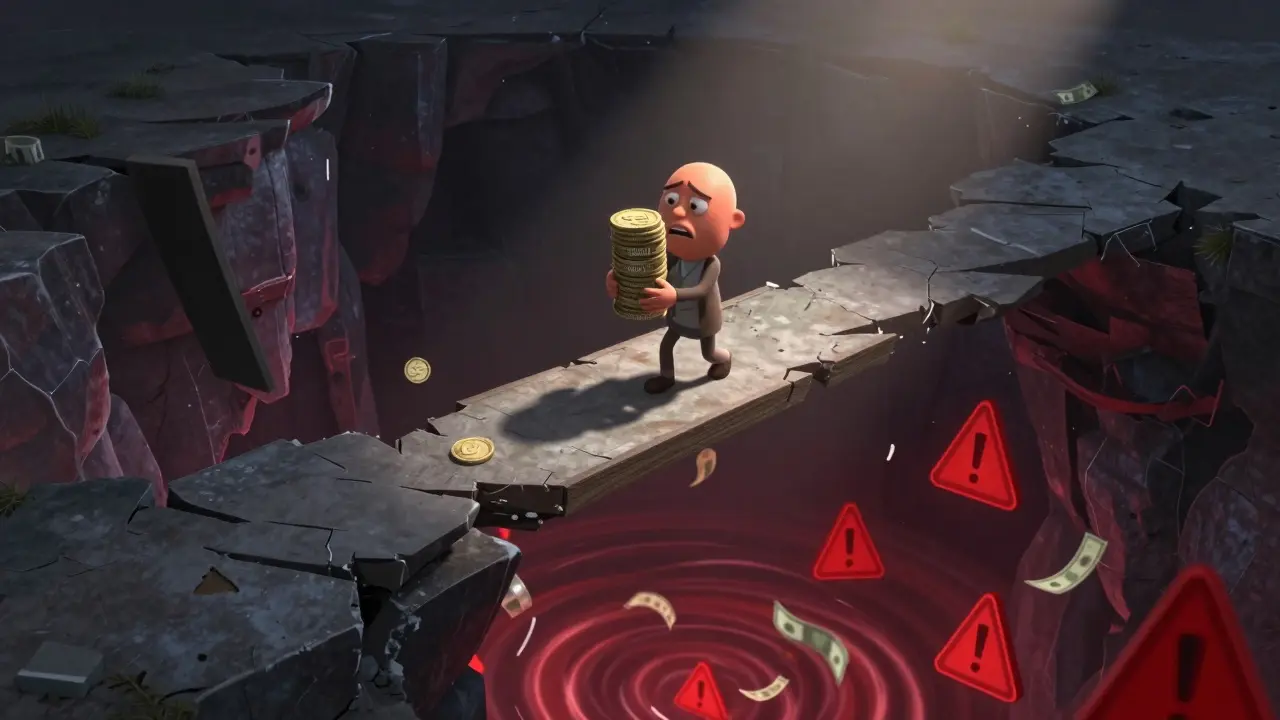 A worried character with WKAVA tokens stands precariously on a crumbling bridge over a dangerous abyss.