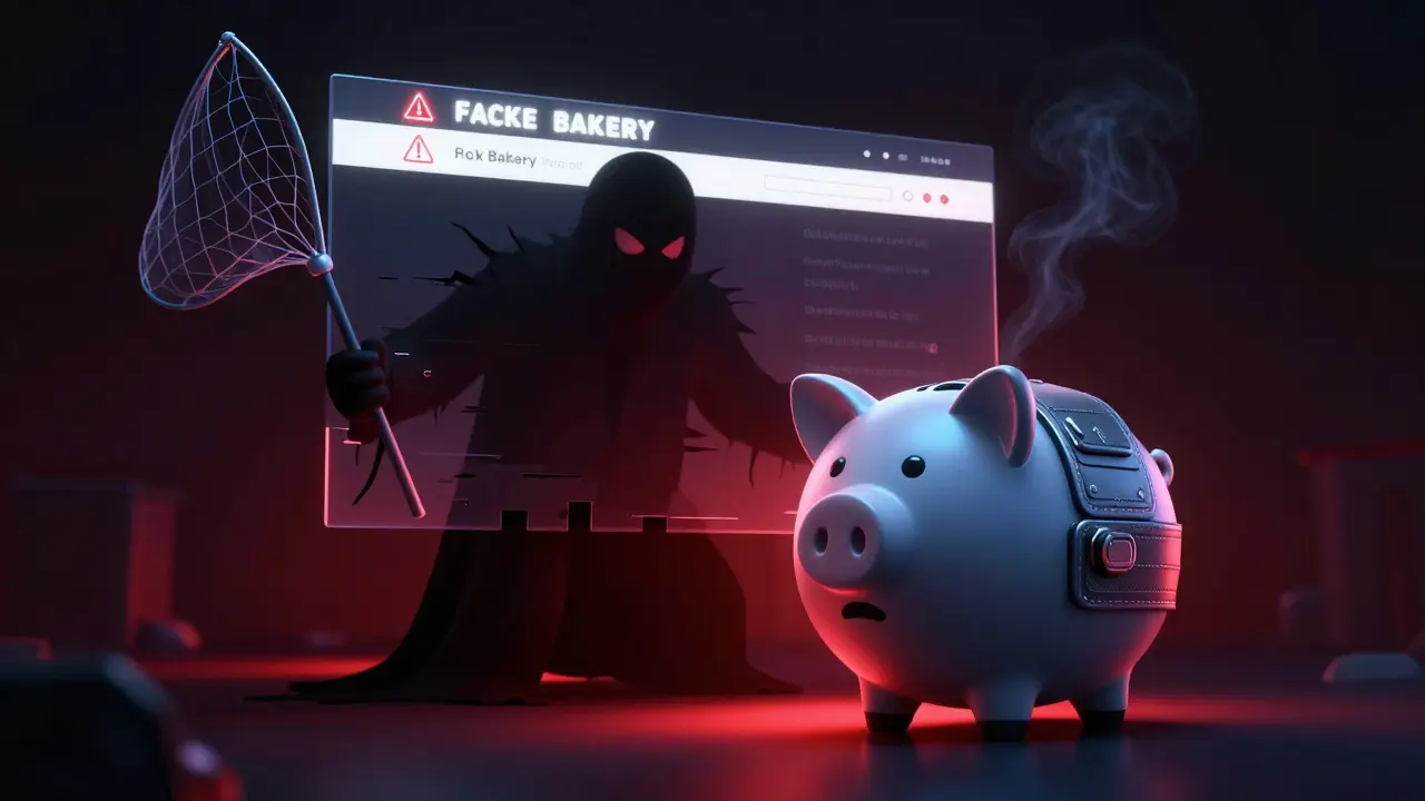 A worried digital wallet facing a shadowy scammer in a dark, glitchy environment.