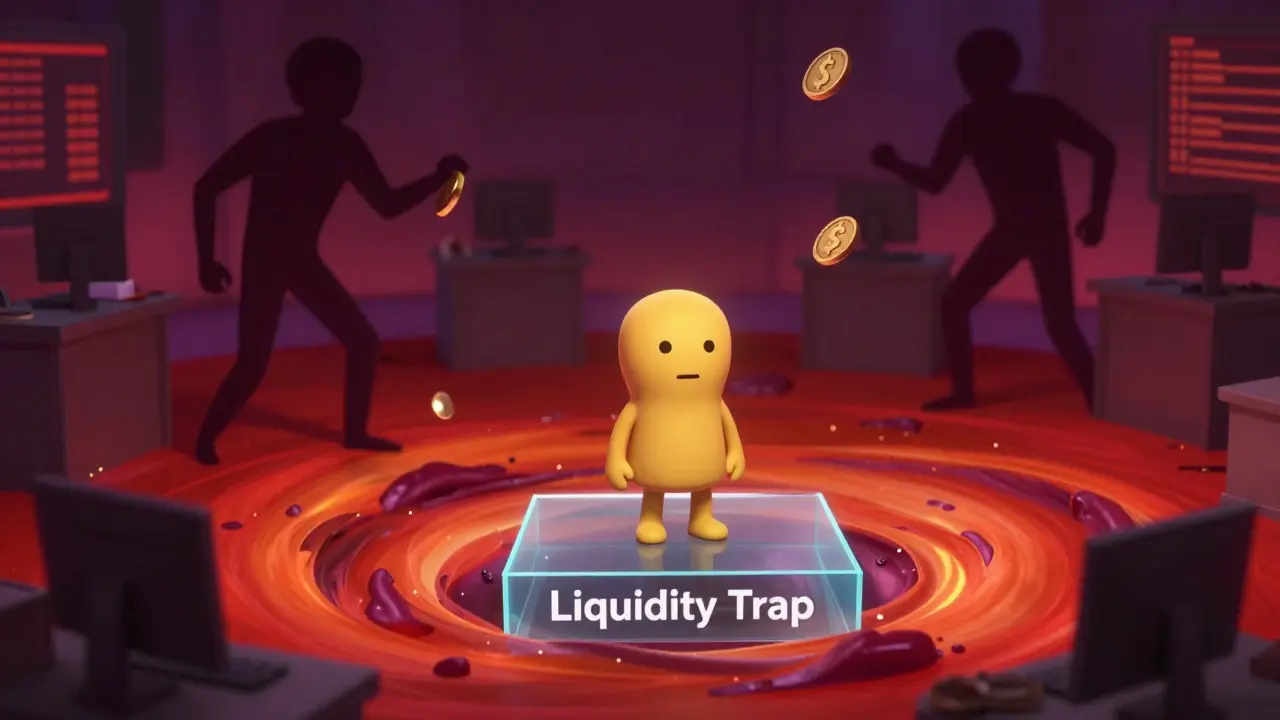 Animated investor trapped on a fragile platform above a volatile market vortex