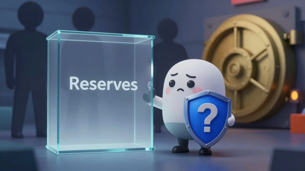 Animated wallet character holding a shield with question marks, surrounded by shadows