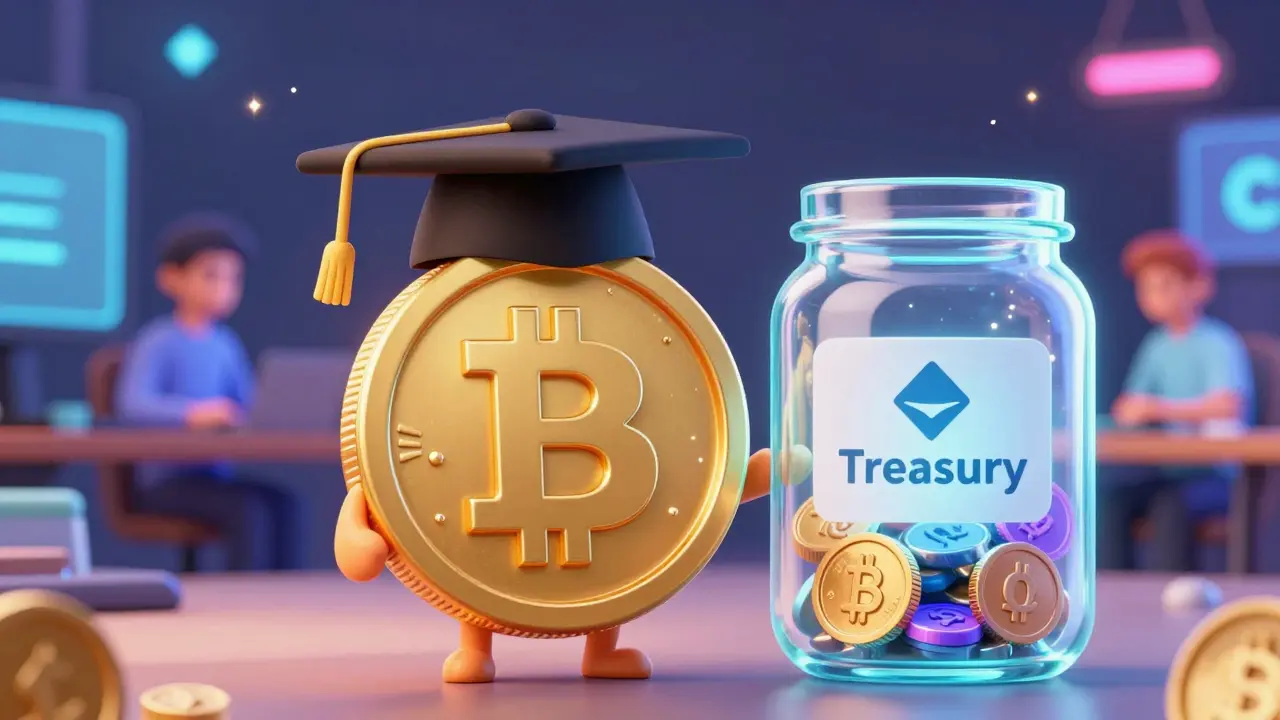 Anthropomorphic BIT token coin next to a treasury jar of assets
