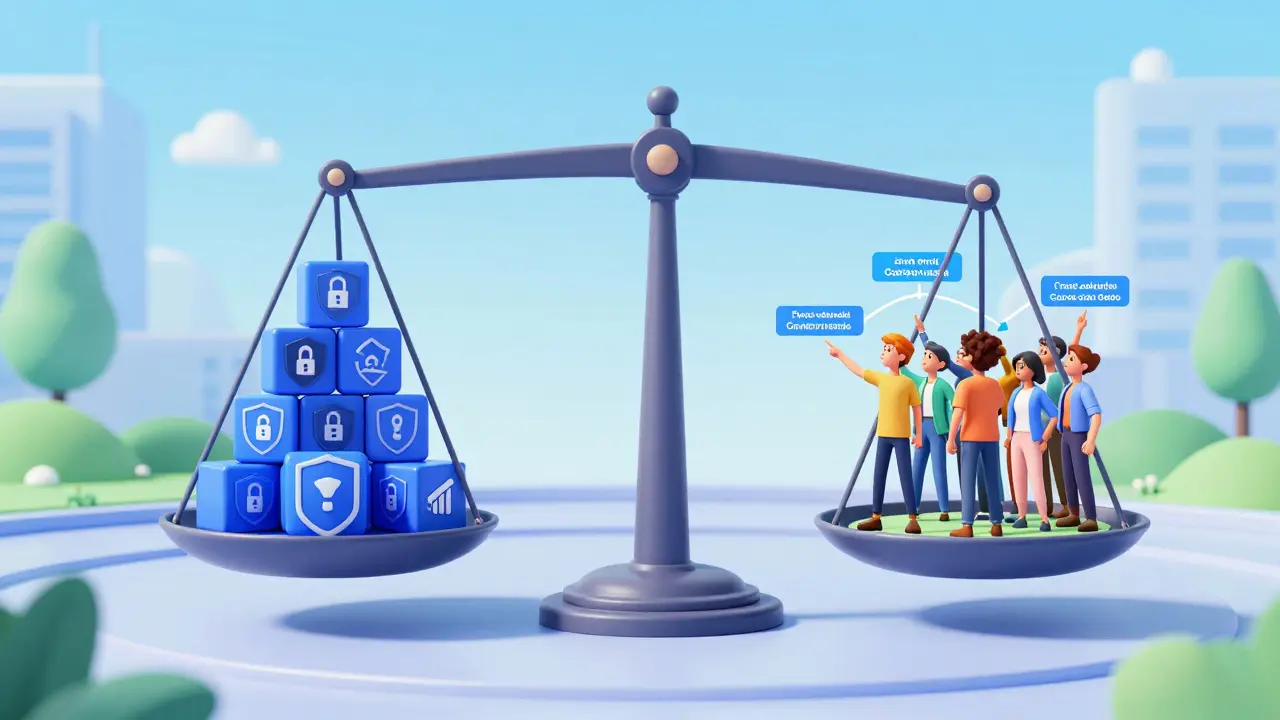 Balanced scale showing security and community governance