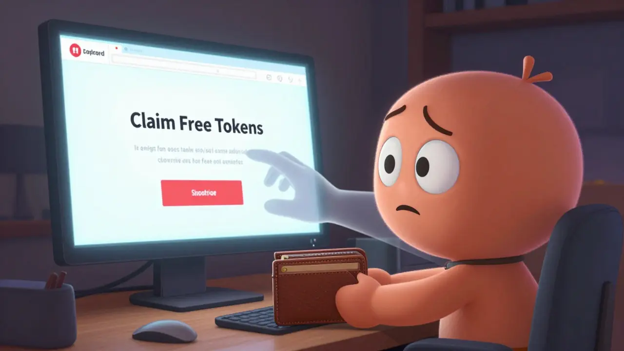 Cartoon character hesitating to click a phishing claim button on screen