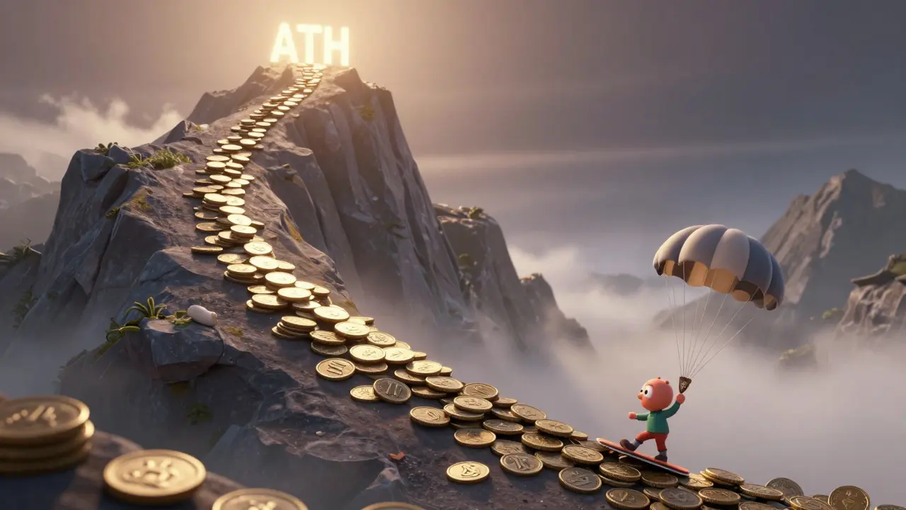 Cartoon character sliding down a mountain of falling crypto coins