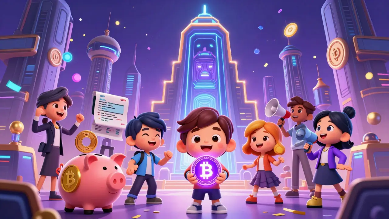 Cartoon characters receiving BABY tokens from a futuristic Babylon structure