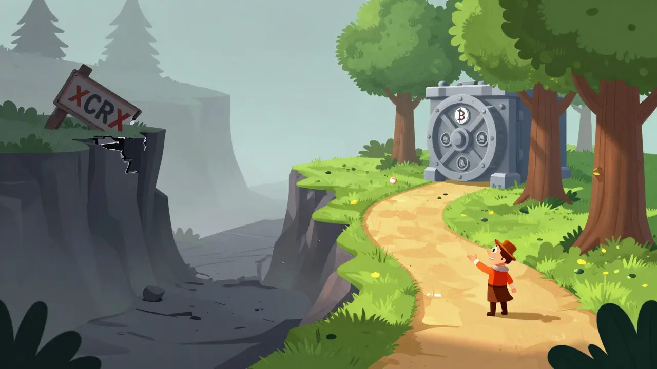 Cartoon comparison of a risky dark path versus a safe, sunny investment route