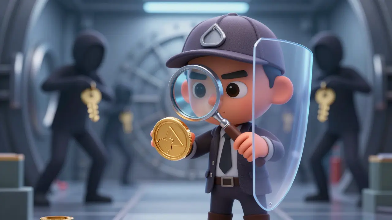 Cartoon detective checking a crypto coin for security risks