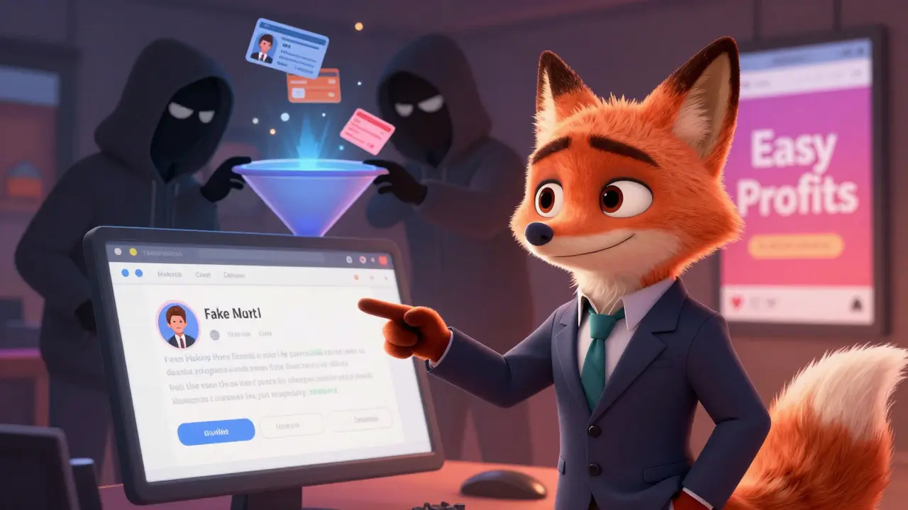 Cartoon fox scammer hiding data theft behind social media