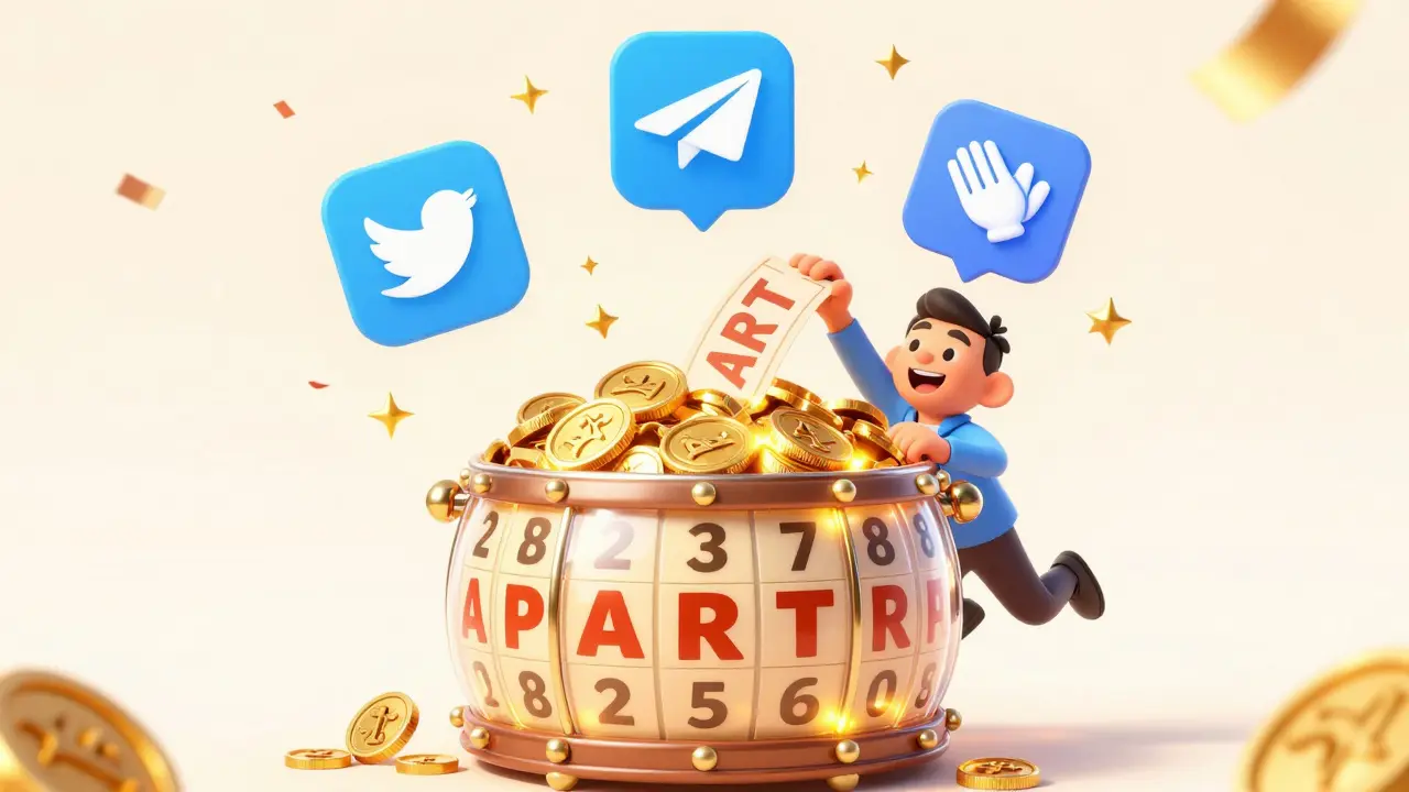 Cartoon mascot drawing winning ART tokens from a glowing lottery drum