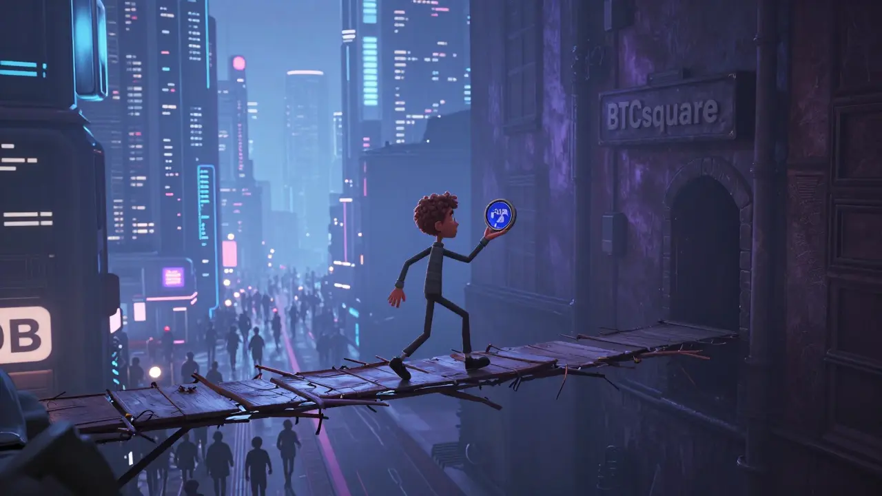 Character hesitating on rickety bridge between safe city and dark alley