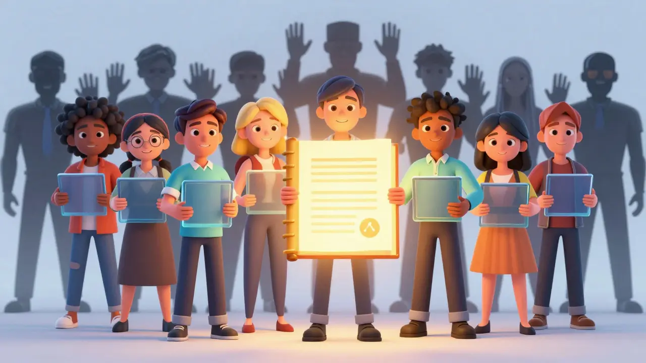 Characters holding a glowing shared ledger against censorship