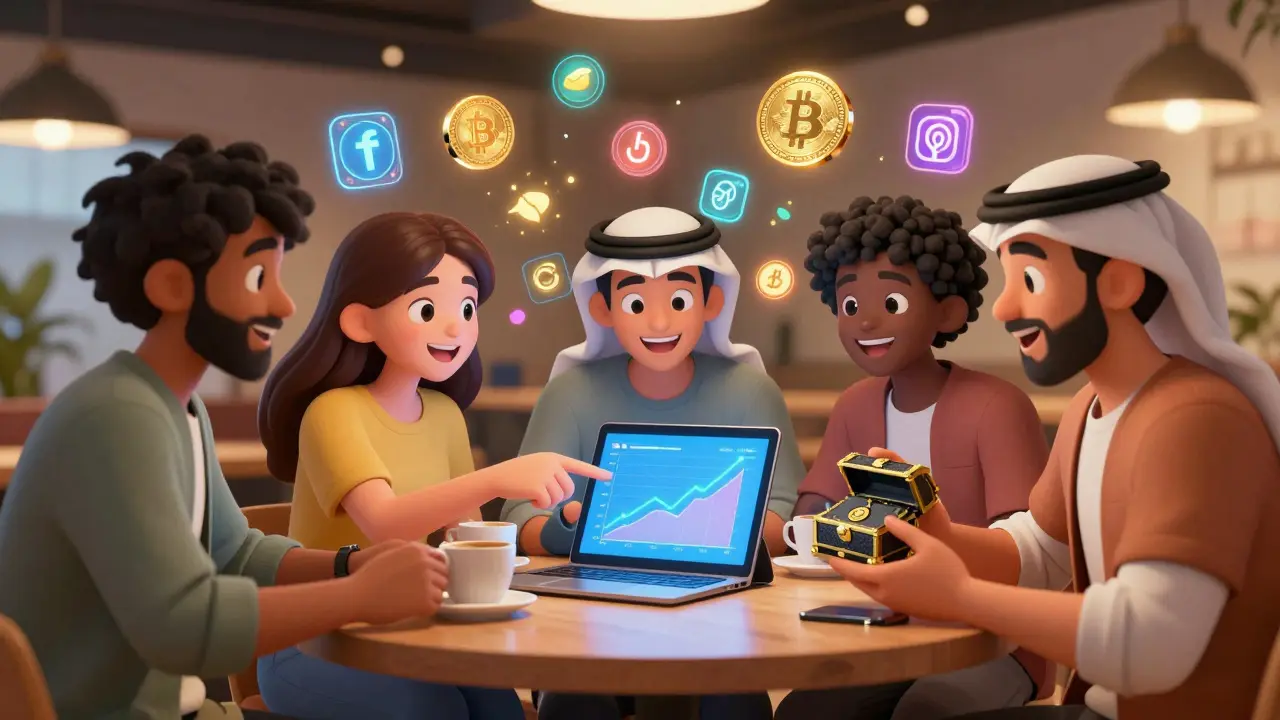 Cheerful young Saudis discussing crypto assets and holding a hardware wallet in a modern cafe.