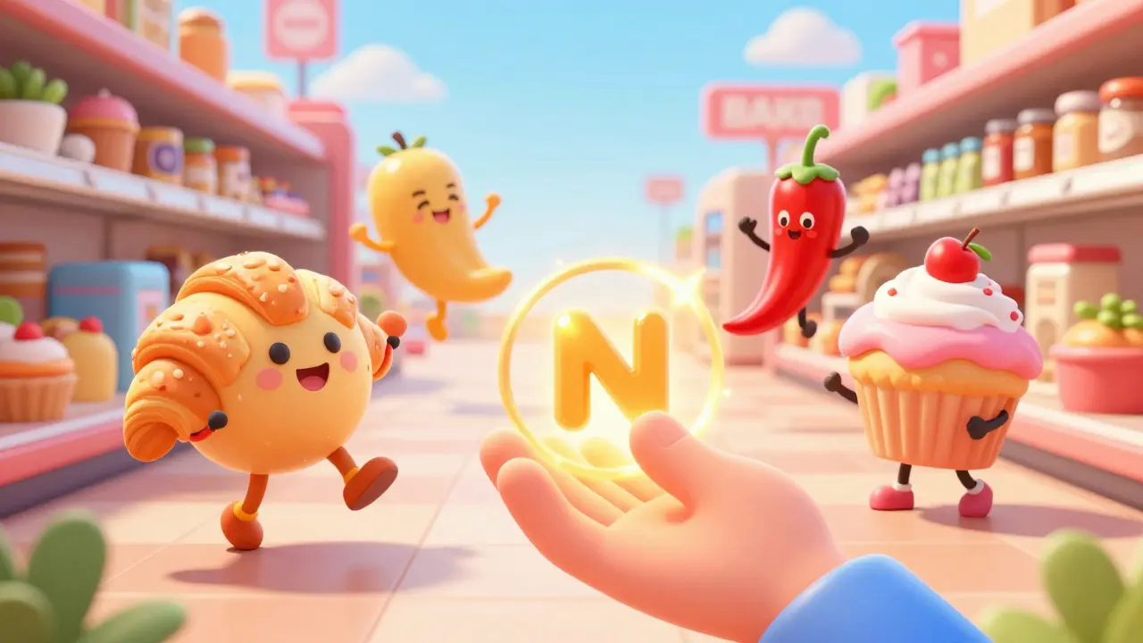 Colorful food-themed NFTs dancing in a bright, cheerful digital supermarket aisle.