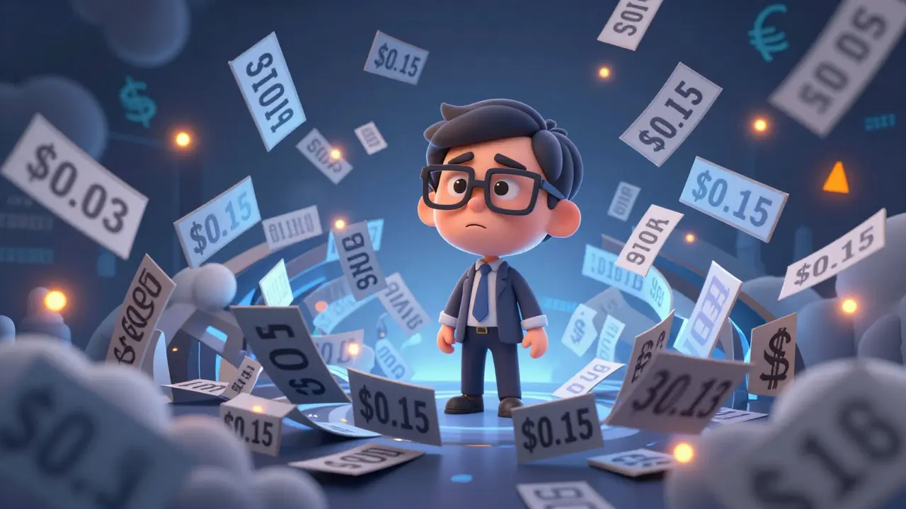 Confused cartoon investor surrounded by spinning conflicting price tags