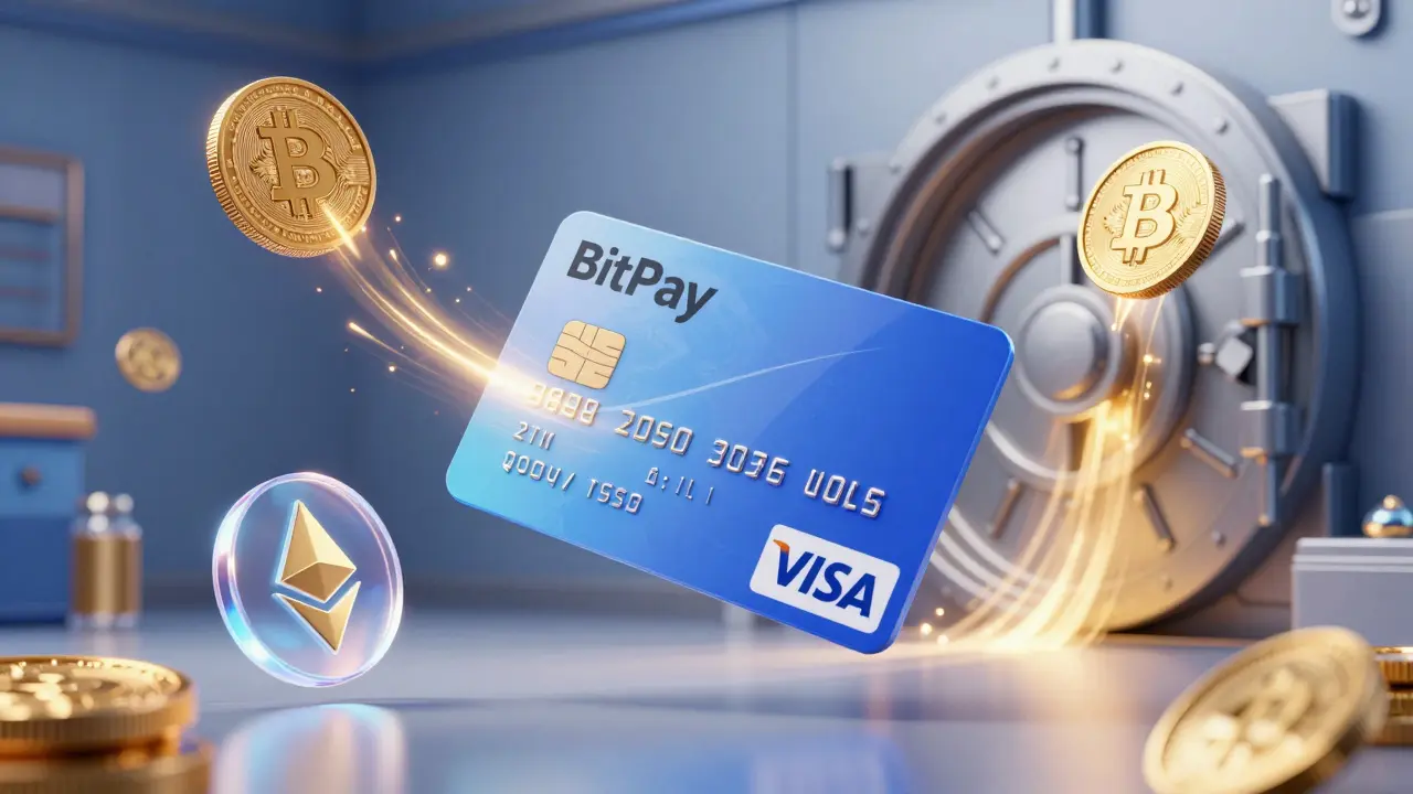 Crypto coins converting to cash flowing into a bank vault next to a card