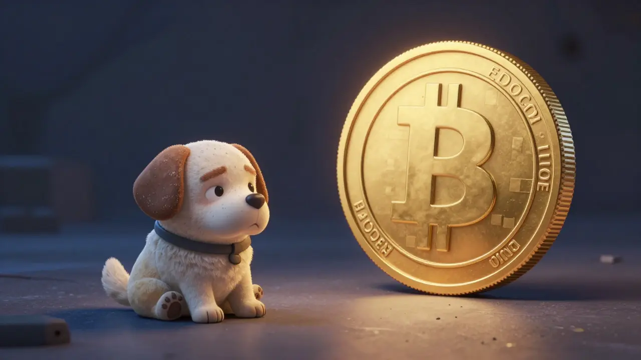Deflated EDOGE token next to a shiny, successful Dogecoin