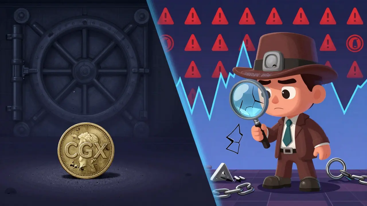 Detective examining risky tokens and volatile graphs in Pixar style