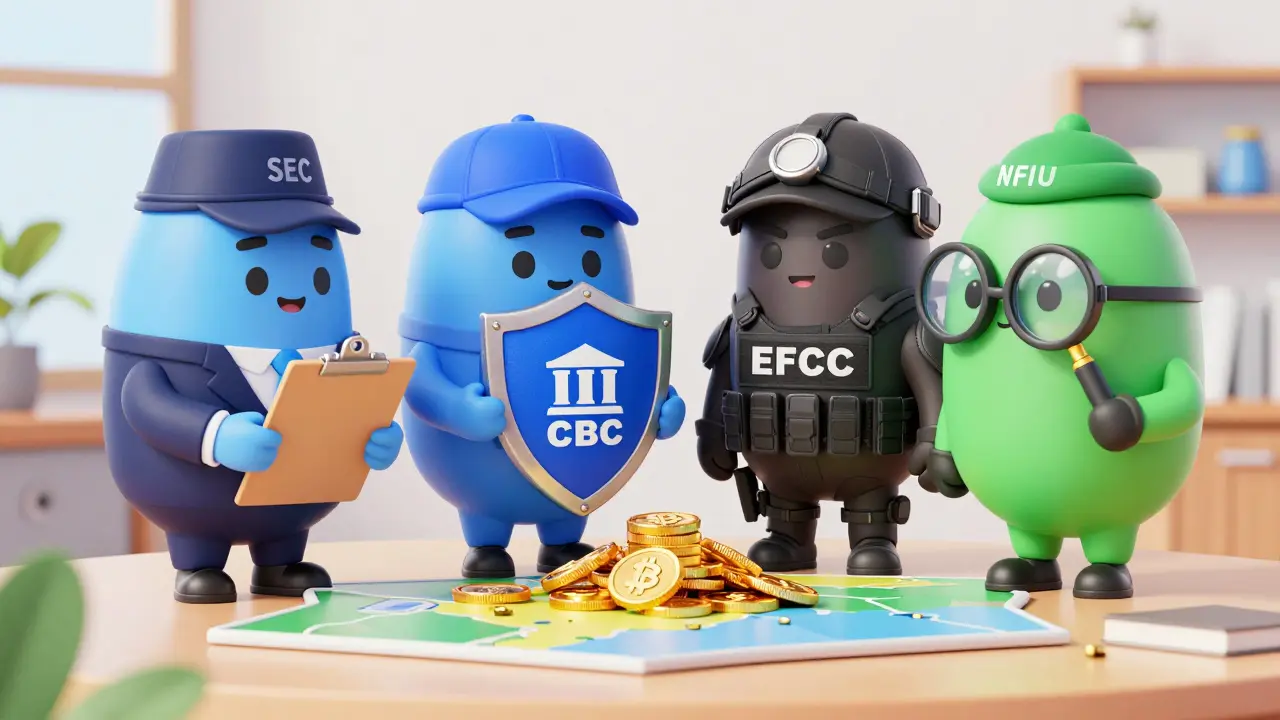 Four regulators collaborating to protect crypto assets in a bright office