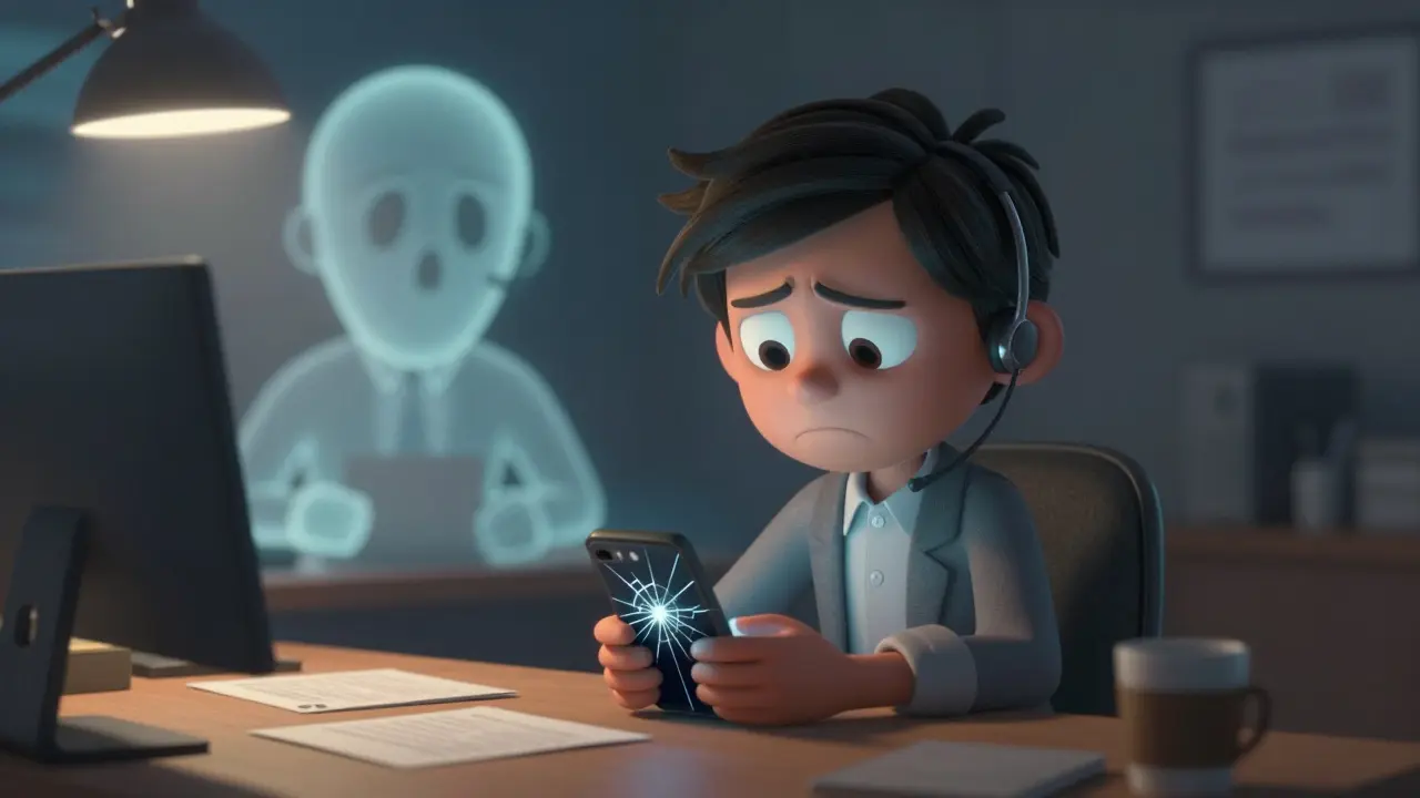 Frustrated merchant struggling with slow customer support on phone
