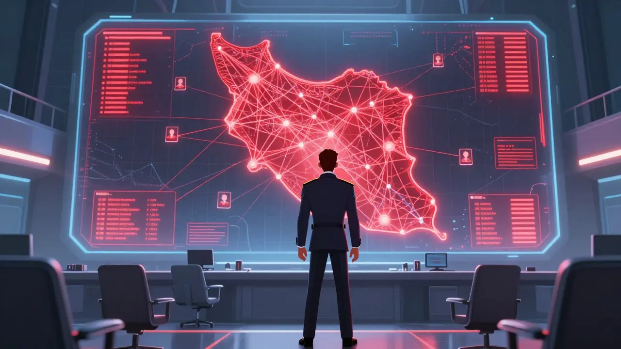 Government official monitoring crypto transactions on holographic map
