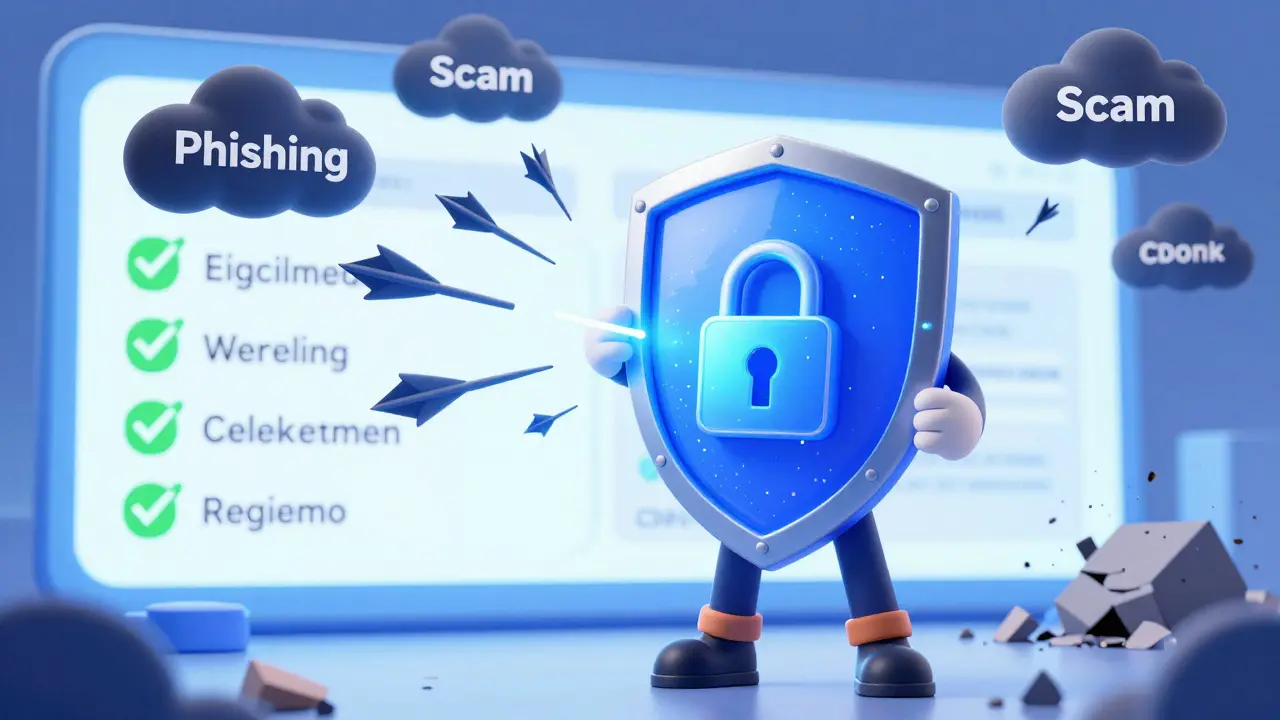 Heroic cartoon figure blocking scams with a security shield