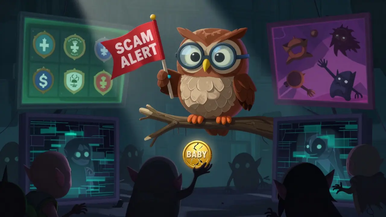Owl detective warning about scam tokens in a colorful animated scene