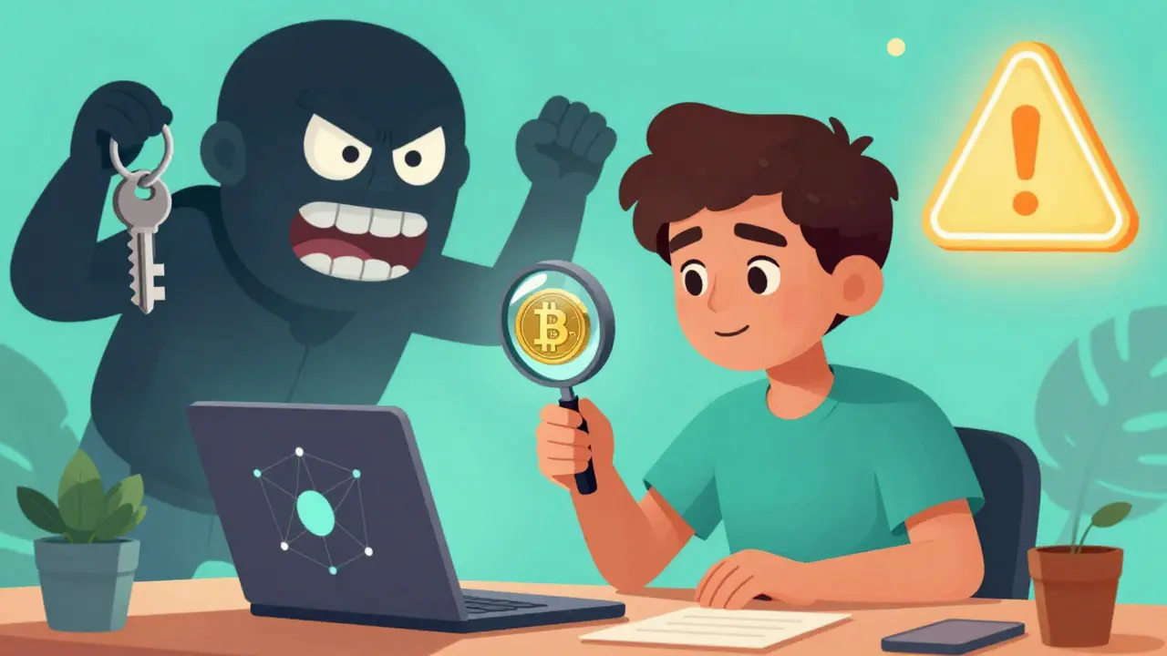 Person inspecting a crypto token while blocking a scammer