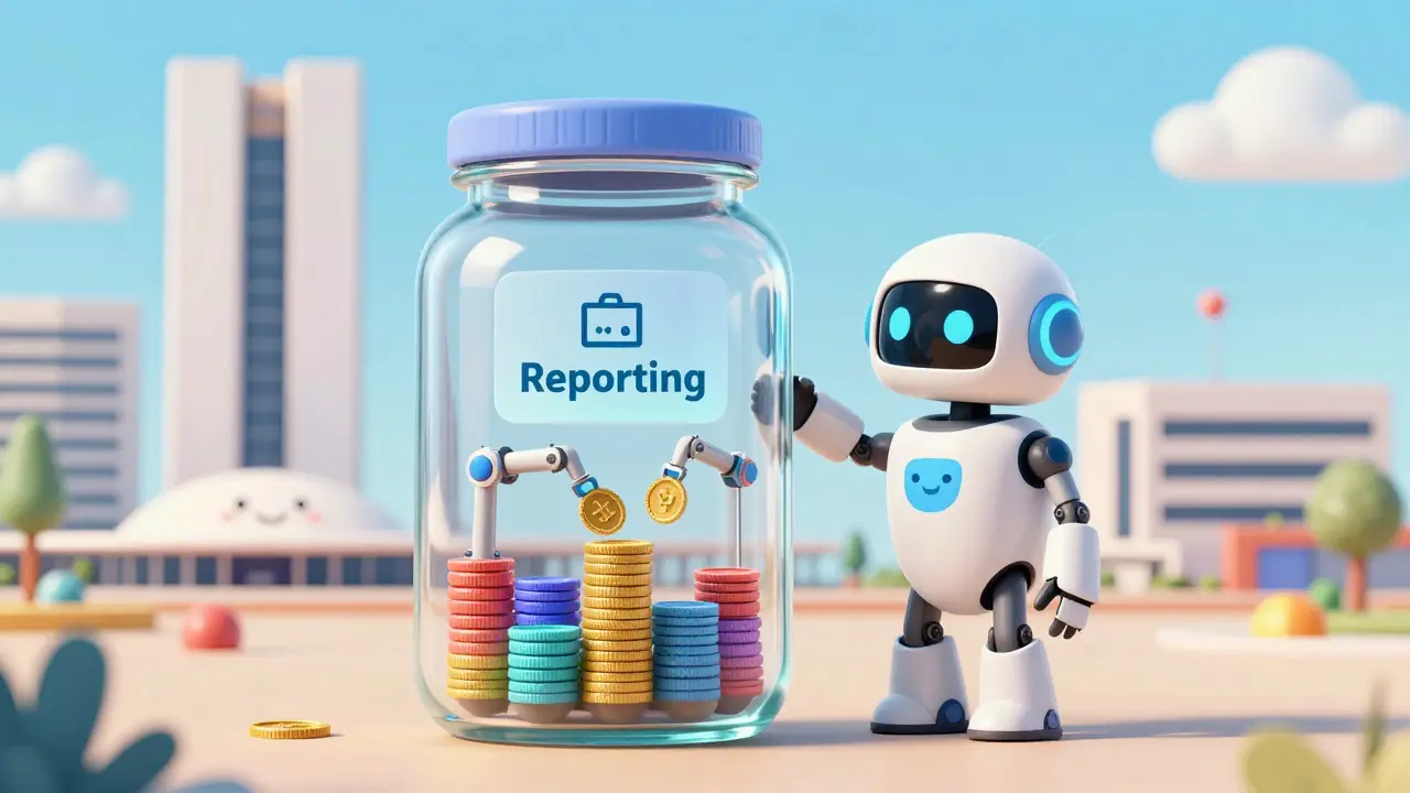 Robot assistant sorting crypto tokens into a transparent reporting jar