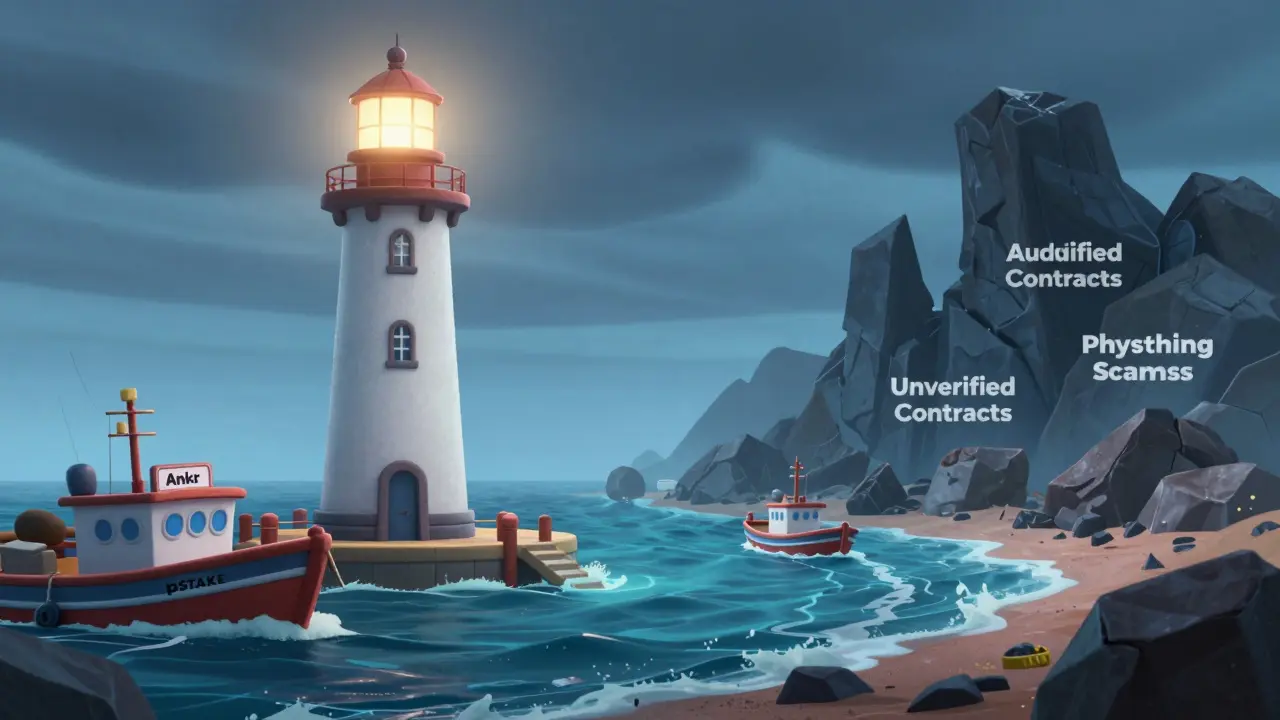Safe lighthouse vs dangerous rocks in crypto staking metaphor
