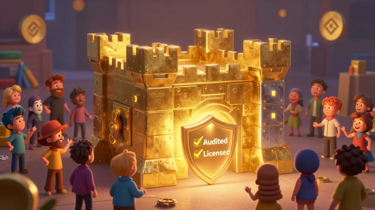 Secure crypto fortress protecting users in a bright Pixar scene