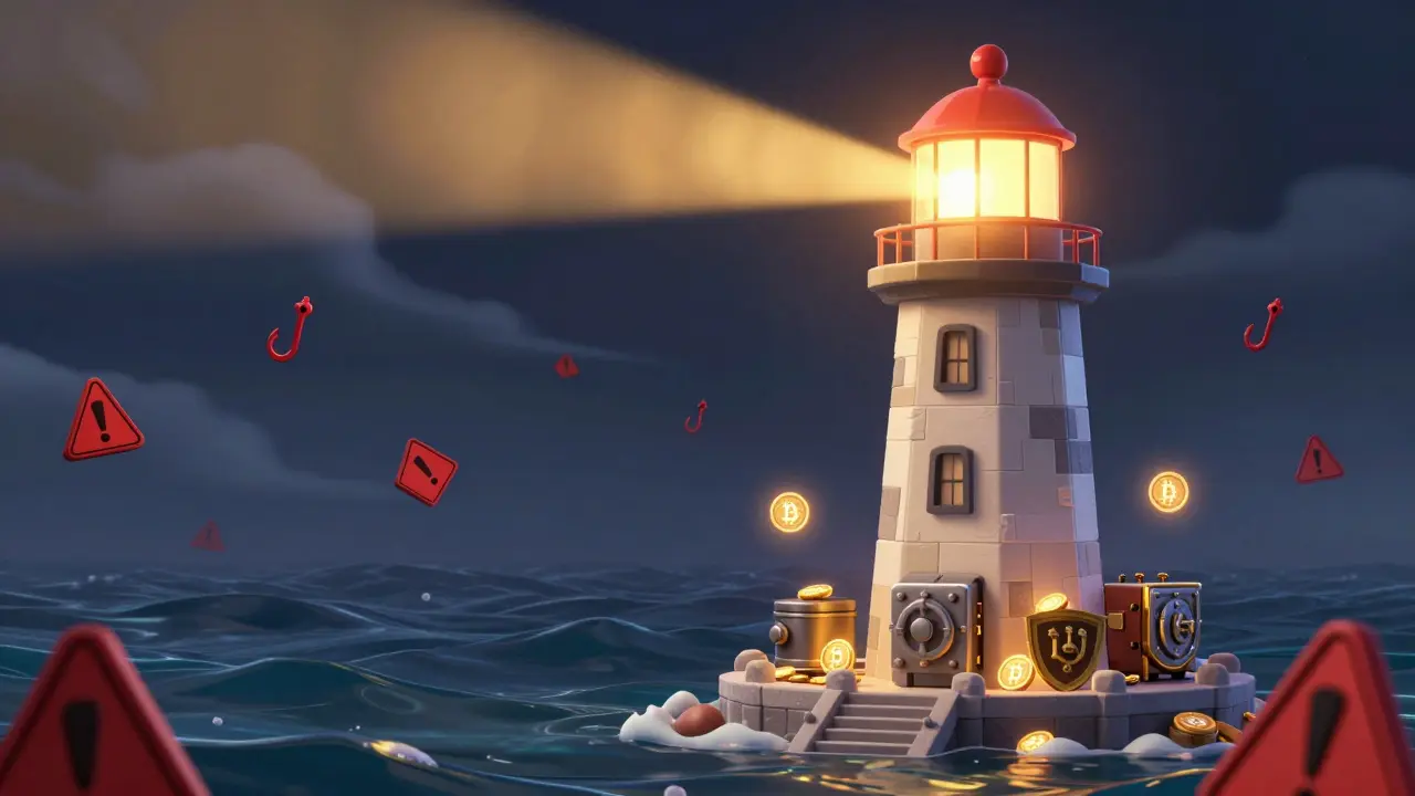 Secure lighthouse protecting crypto assets from online scams