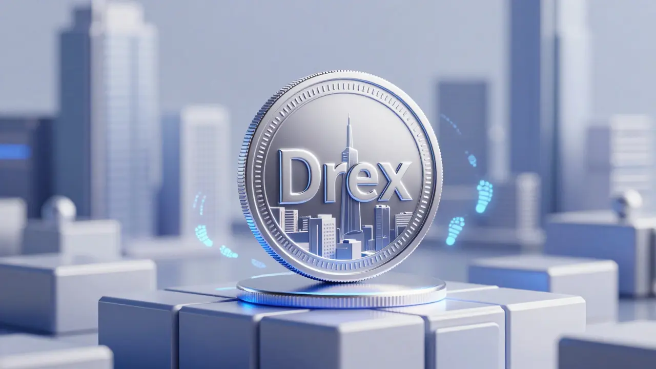 Shiny Drex digital coin on a blockchain pedestal with glowing footprints