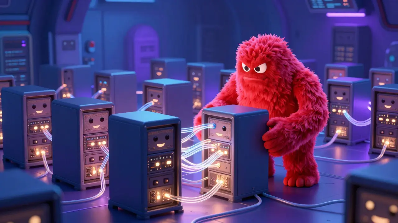 Smiling server racks forming a shield against a hacking monster