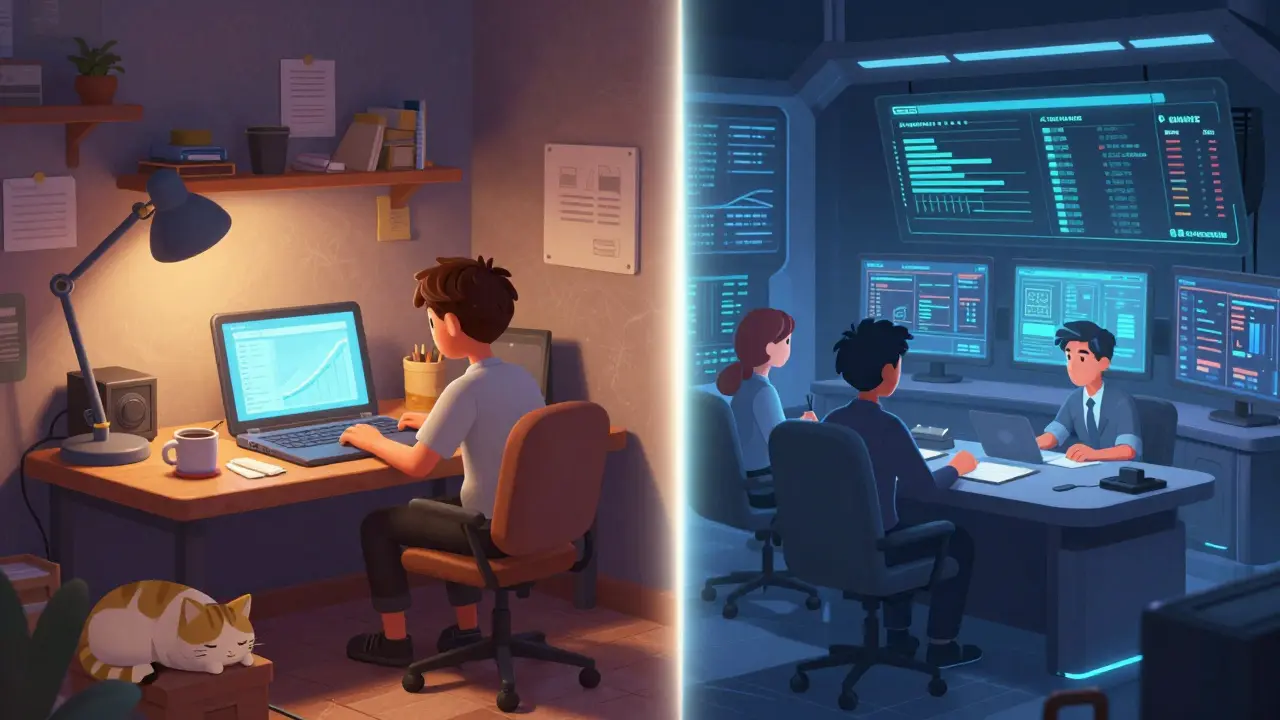 Split scene comparing a cozy home trading setup with a high-tech exchange command center