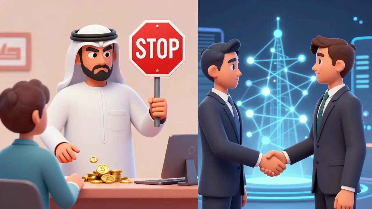 Split scene showing banned retail trading versus approved institutional blockchain projects in KSA.