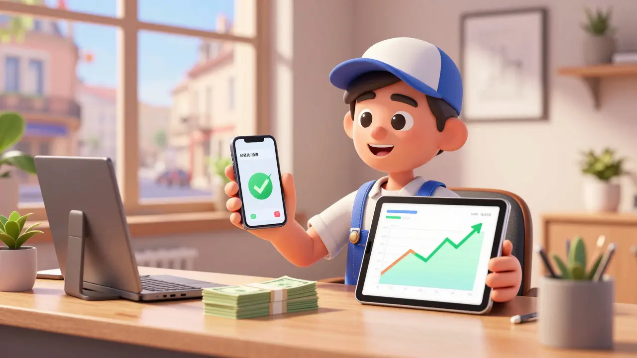 Trader using mobile devices to check charts and fees