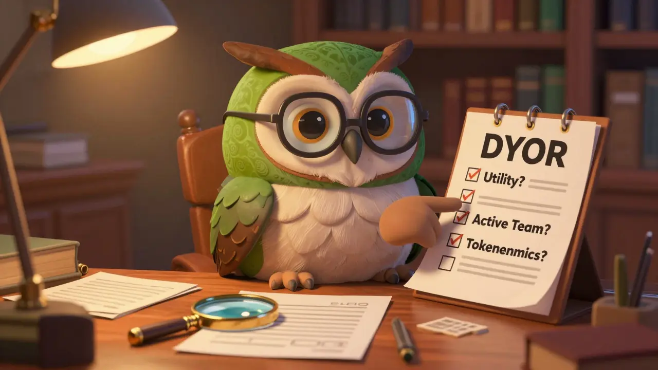 Wise owl reviewing a research checklist for crypto safety