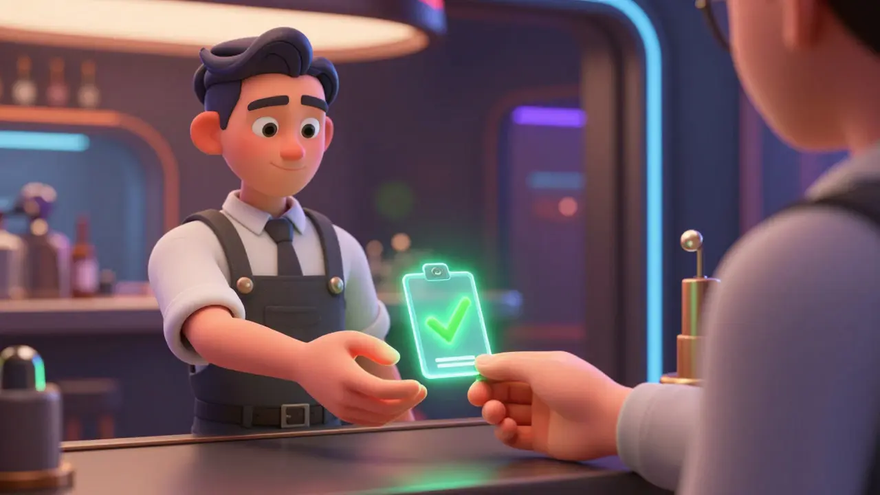 A bouncer accepting a glowing token instead of an ID for private verification