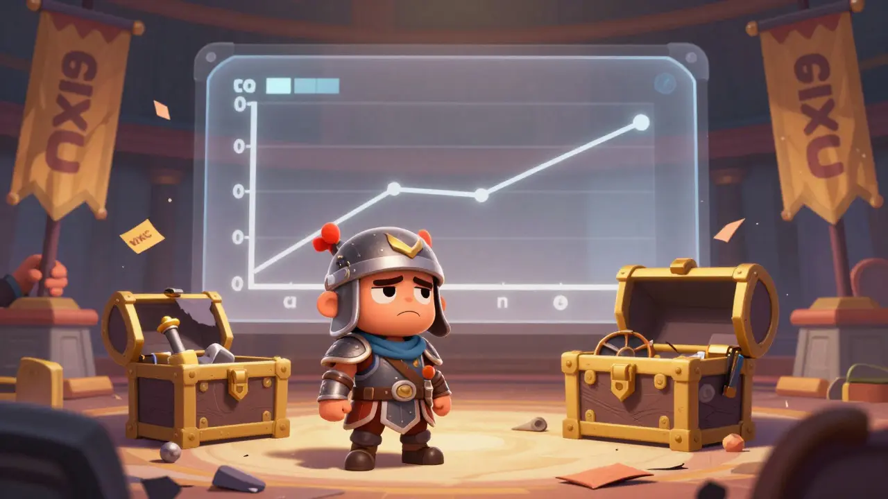 A confused warrior stands by an empty treasure chest in a deserted virtual arena with zero-value charts.