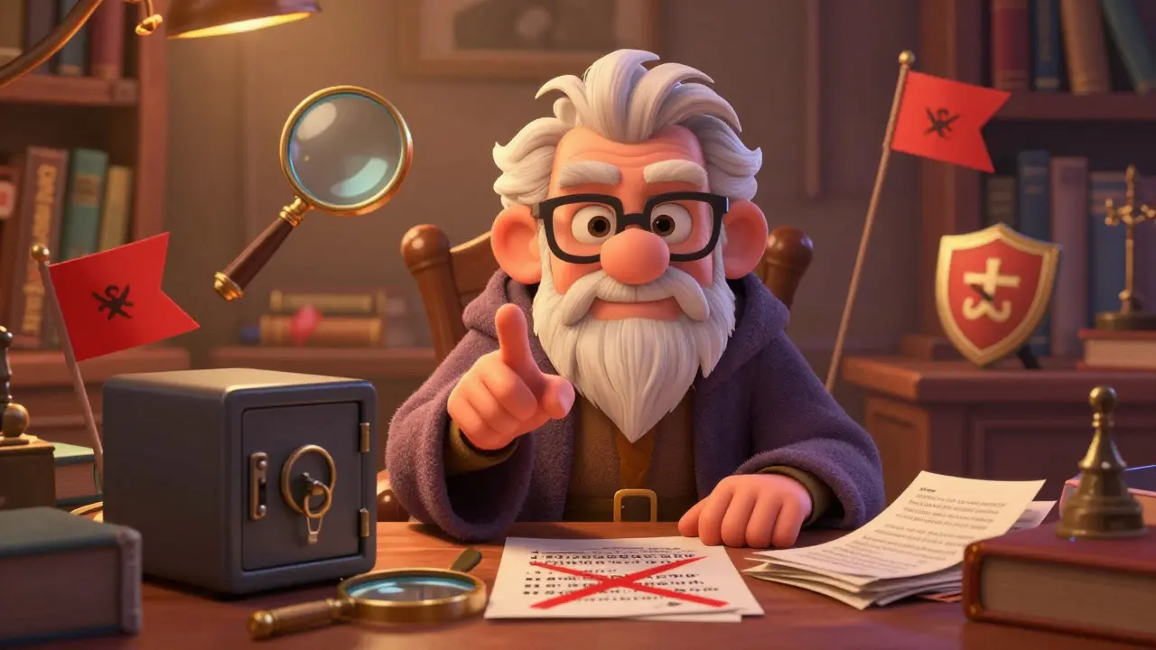 A wise wizard points out red flags and safety tips on a desk with a secure wallet and crossed-out scams.