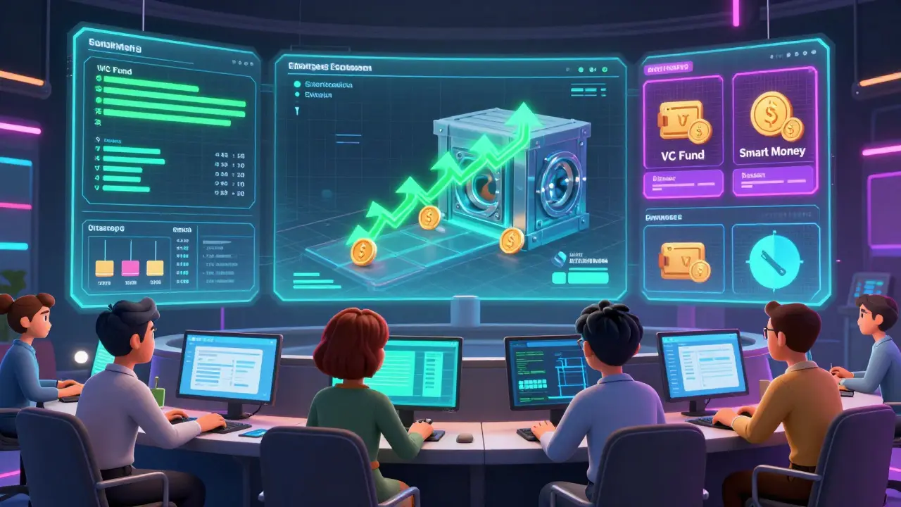 Analysts monitor holographic screens showing smart money accumulation flows